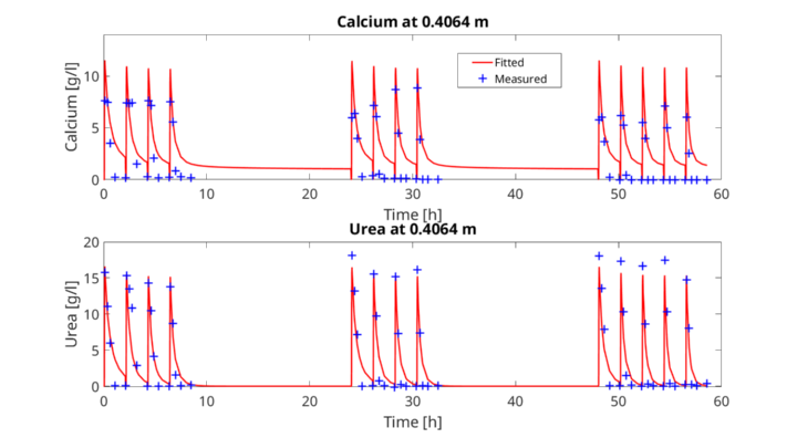 Comparison of the developed model for EICP to the experimental data of the column experiment used to calibrate the model.