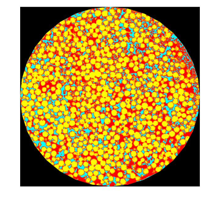 Computed tomography image of a column of sintered glass beads treated with EICP. Yellow: glass beads; red: precipitated calcite; turquois: remaining void space